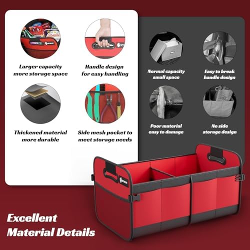 Trunk Organizer for Car - 70L Collapsible Sturdy Car Storage, Red