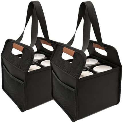 2 Pack Reusable 4 Cup Drink Carrier with Handle and Detachable Dividers, Portable Drink Carrier, Foldable Coffee Cup Holder for Hot & Cold Drinks (Black)