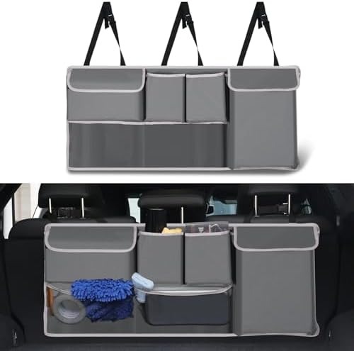 Trunk Hanging Organizer, Backseat Storage Bag, Collapsible Car Interior Accessories with 4 Pockets & 2 Mesh Pouches for Tools, Provide More Storage Trunk Space for SUV, Jeep, MPVs (Grey)