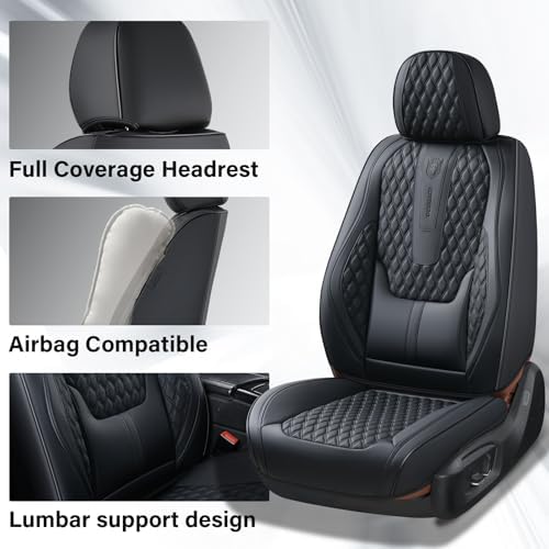Car Seat Covers Full Set, Black Seat Covers for Car with Lumbar Support, Nappa Leather Seat Covers Waterproof Car Seat Protectors Universal Fit for Most Cars SUV Trucks
