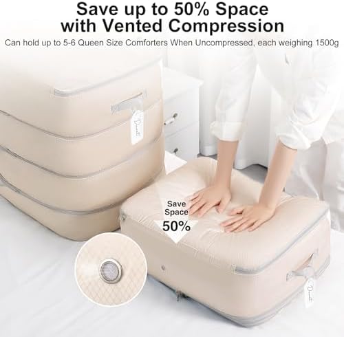Comforter Storage Bag - 130L Large Capacity Blanket Storage Bags 4-Layer Ultra Space Saving Self Compression Organizer, Washable Compression Bags for Storage Comforter Blanket, 2-Pack, Beige