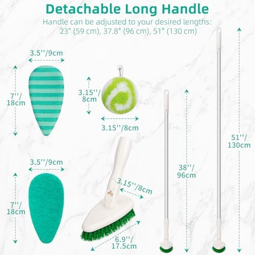 4-in-1 Tub and Tile Shower Scrubber, 51'' Bathtub Cleaning Brush with Long Handle, Soft & Stiff Bristles Bathroom Scrub Brush, Non-Scratch Shower Cleaner Brush for Cleaning