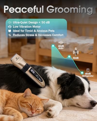 Dog Grooming Kit, Low Noise Dog Clippers, 2-Speed IPX7 Waterproof, Rechargeable Cordless Pet Hair Clippers Trimmer Shaver with LED Display for Dogs and Cats, Gold