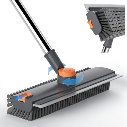 3 in 1 Floor Scrub Brush with 52" Long Handle, Heavy-Duty Stiff 90° Bristle Floor Scrubber, Shower Scrubber with Squeeze, Cleaning Brush for Bathroom Pool Garage Glass Tile Concrete Gray