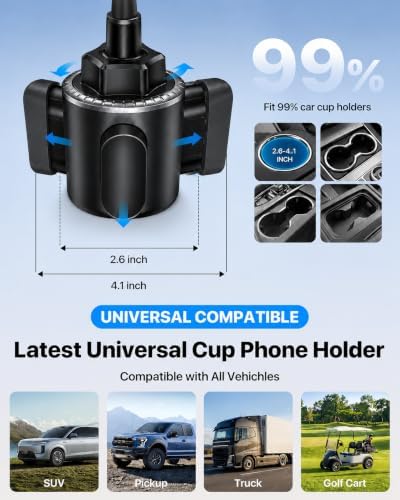 Military-Grade Cup Holder Phone Holder, [Solidest Metal Gooseneck] Universal Cup Phone Holders for Your Car Truck Golf, 360° Adjustable Cup Holder Cell Phone Mount for iPhone Samsung Google