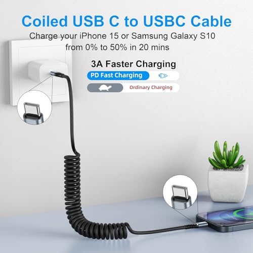 USB C Cable 3ft 2Pack USB C to USB C Charger Cable for Car, Coiled Type C