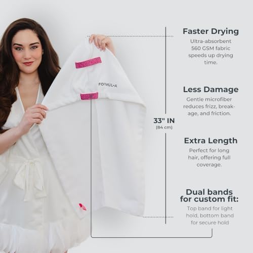 Microfiber Hair Towel Wrap - Anti-Frizz (White/Pink Straps)
