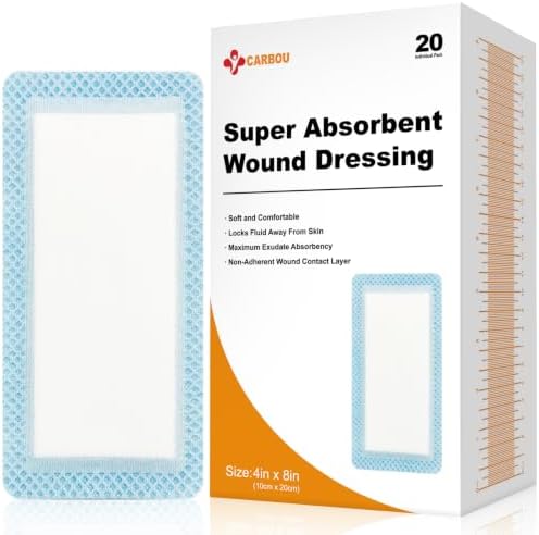 20 Pack Super Absorbent Wound Dressing 4" x 8", Non-Adhesive Pads