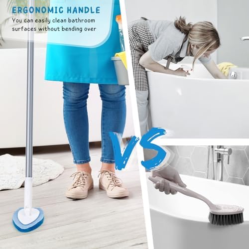 Shower Scrubber, Bathroom Tub and Tile Cleaner Brush with Long Handle, 47'' Bathtub Cleaning Tool with 6 Refill Pads