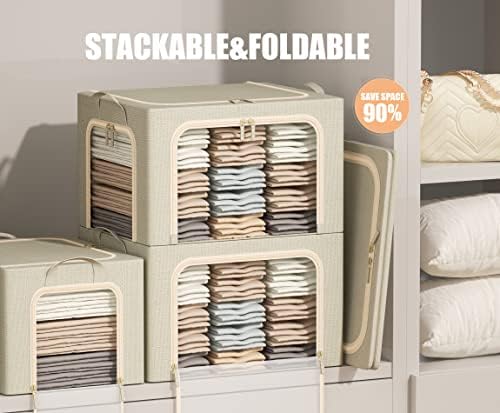 3 Openings Clothes Storage Bins with Metal Frame, Foldable Storage Bin for Clothes, Clothing Storage Bins with Lid, Linen Storage Box With Clear Window＆ Zippers＆ Durable Handles.(3 Pcs,Beige,40L)