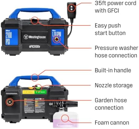 Westinghouse ePX3100v Electric Pressure Washer, 2100 Max PSI 1.76 Max GPM, Built-in Carry Handle, Detachable Foam Cannon, Pro-Style Steel Wand, 3-Nozzle Set, for Cars/Fences/Driveways/Home/Patios