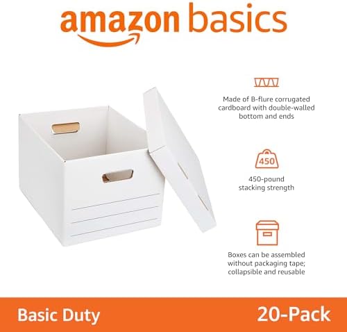 Storage/Filing Boxes with Lift-Off Lid, Letter/Legal Size, Collapsible, Tape-Free Assembly, White, 16.2" L x 12.5" W x 10.5" H, 20-Pack