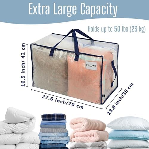 4 Pack Clear Extra Large Moving Bags & Storage Totes, Heavy Duty Organizer with Reinforced Handles & Strong Zippers for Clothes, College Dorm Essentials, Moving Supplies