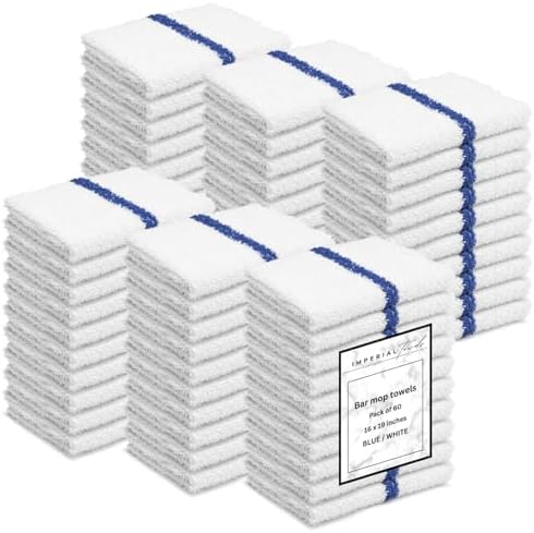 Bar Mops Blue Stripe Pack of 60 Kitchen Towels 16x19 Multi-Purpose for Home, Restaurant and Cleaning White Absorbent Washcloth Dishcloths Sets, Reusable Dish, Cloths Rags