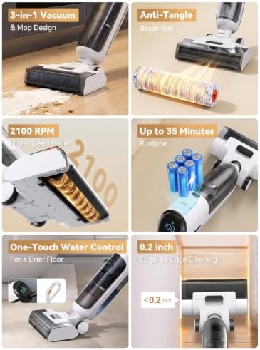 D90 Cordless Wet Dry Vacuum Cleaner, Vacuum and Mop for Hard Floor, Sticky Messes and Pet Hair, Self-Cleaning, 2100 RPM Anti-Tangle Brush Roll, Dual Tanks, Up to 35 Mins Runtime, White