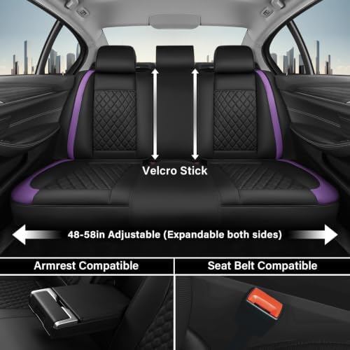 Leather Car Seat Covers Full Set, Black and Purple Seat Cover, Luxury Diamond-Pattern Leather Seat Covers & Carbon Fiber, Durable Waterproof Car Seat Protectors Universal Fit for Most Cars