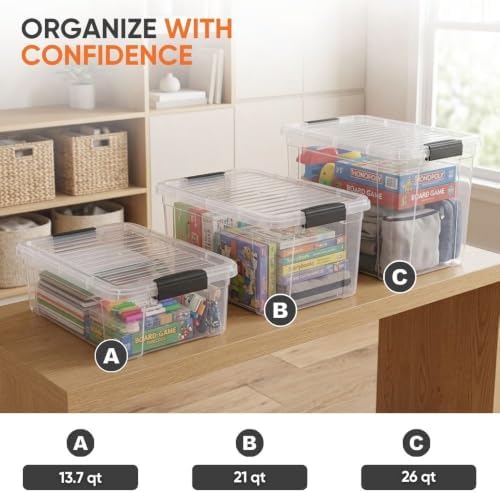 13.7 Qt Clear Plastic Storage Bins with Lids and Latches, Organizing Containers, Stackable Plastic Bin for Home, Garage, School, and Office
