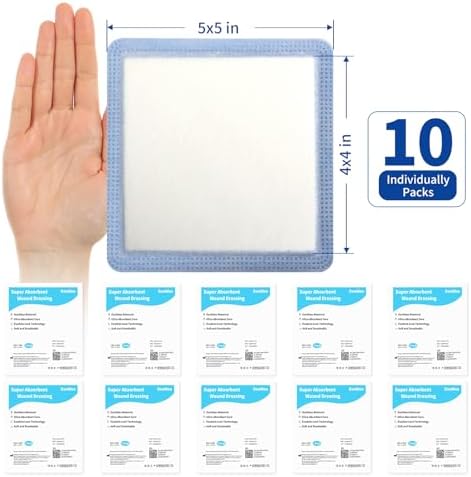 5x5 Extra Large Super Absorbent Wound Dressing, 10 Pack - Ultrasorb Polymer Non-Adherent Pads for Bed Sores, Pressure Ulcers, Abdominal Wounds - High Capacity for Heavy Exudate