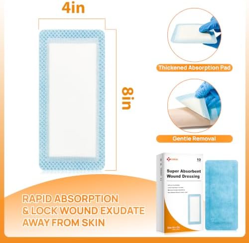 Super Absorbent Wound Dressing 4" x 8", 10 Pack, Non-Adhesive Pads