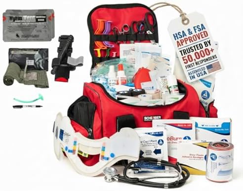 Fully-Stocked First Responder Bag | Professional EMT/EMS Trauma & Bleeding Medical Kit | HSA/FSA Approved | CAT Tourniquet, HyFin Chest Seal, Israeli Bandage & 250+ First Aid Supplies (Red)