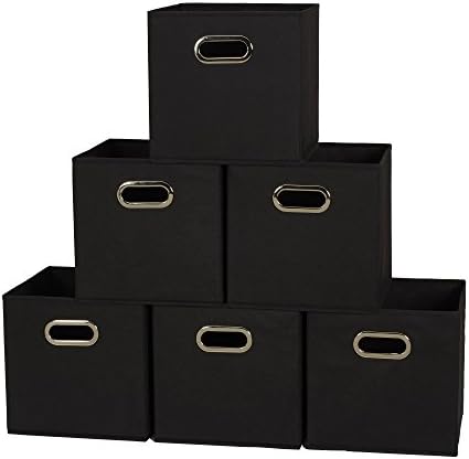 Foldable Fabric Storage Bins 6 Piece Set, Strong Poly-Woven Fabric, Sturdy Chipboard Sides, Grommet Front Handle, Stackable, Classic Design, Black