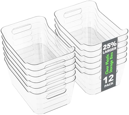 12 Pack Plastic Storage Bins, Multi-Use Organizer Bins, Pantry Organizer, Clear Storage Containers for Home, Kitchen, Office, Cabinet, Shelf and Fridge Organization