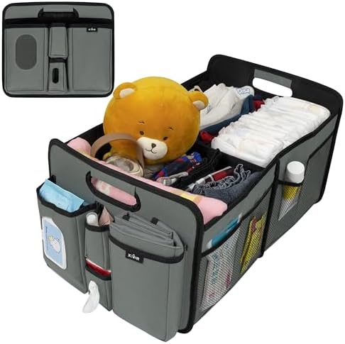 Baby Car Diaper Caddy Organizer with Changing Pad - Portable Car Caddy for Newborn Essentials, Diapers & Wipes, Perfect for Baby Shower and New Mom | Oxford Fabric, Grey