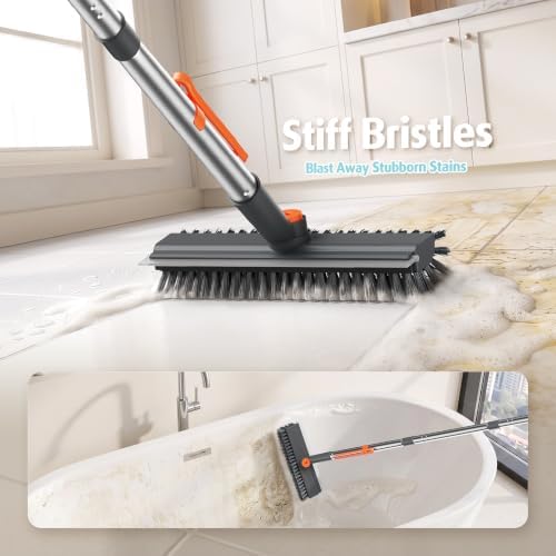 Floor Scrub Brush with Long Handle, 4 in 1 Floor Scrubber & Squeegee