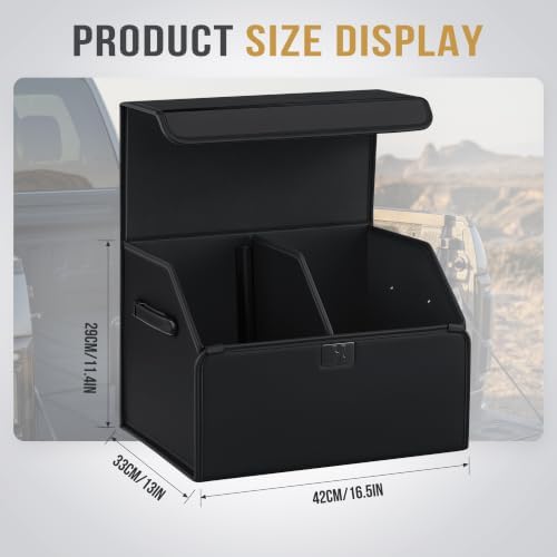 Car Trunk Organizer for SUV & Sedan - Magnetic Lid, Large Capacity PU Leather Waterproof Foldable Storage Box, Adjustable Dividers and Side Handles, Tools, Snacks & Auto Accessories, 16.5"x13"x11.4"