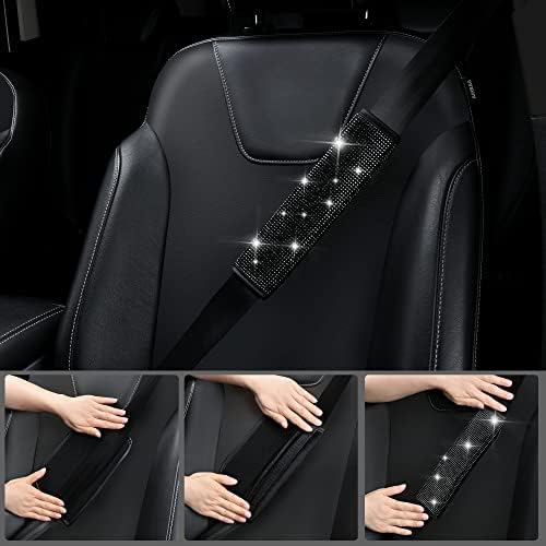 23 PCS Bling Diamond Car Accessories Set for Women, Leather Seat Covers Full Set Floor Mats Steering Wheel Cover, Coasters Seat Belt Covers Phone Holder Universal Fit Car SUV Truck Van Black
