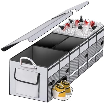 Car Trunk Organizer and Storage with Separate Compartment for 1 Pair of Shoes, Heavy Duty with Lid & Removable Leakproof Cooler Bag, Collapsible Large Trunk Organizers for SUV Sendan (Grey)