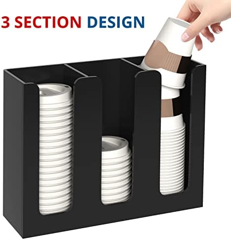 Acrylic Cup and Lid Holder, 3 Compartment, Disposable Coffee Cup Dispenser Cup Storage Organizer, Black