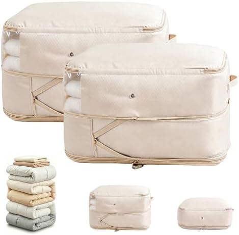 Comforter Storage Bag, Large Capacity Blanket Storage Bags 2-Layer Ultra Space Saving Self Compression Organizer, Heavy Duty Space Saver Organizer for Bedding, Clothes, Blanket, 2-Pack, Beige