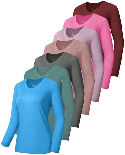 7 Pack Womens Long Sleeve Athletic Shirts Quick Dry Workout Tops V Neck