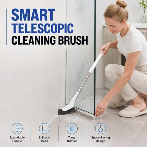 Multifunctional Extendable Long Handle Floor Scrub Brush, Curved Toilet Brush Head, 15.16"-45.28" Stainless Steel Handle, Detachable Bathroom Cleaning Brush (1pcs)