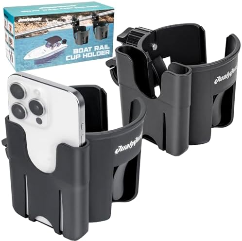 Boat Rail Cup Holder 2 Pack, No-Drill Clamp-On Marine Cup Holders 360° Adjustable for Pontoon Boat, Bimini Top, Grab Bar, PWC, Jet Ski, Fits Round & Square Rails 15-40mm, Boat Gifts for Men