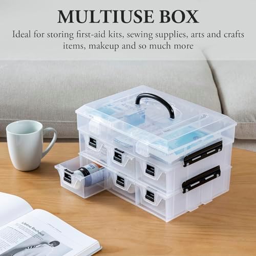11 Inch Clear Plastic Storage Box Container, Arts and Crafts Sewing Supplies Organizer Case with Black Accents, 24 Customizable Compartments, and 6 Drawers with Removable Dividers