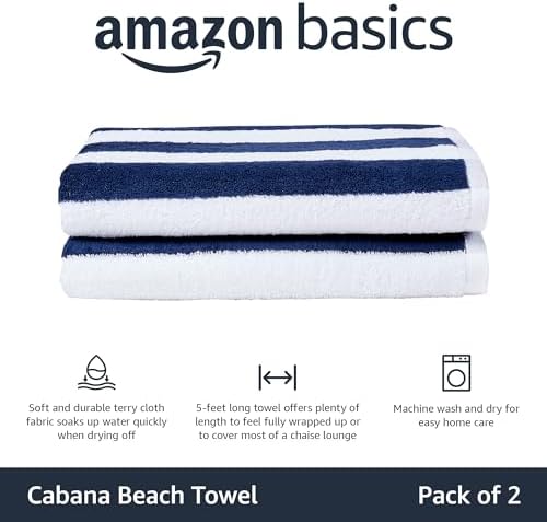 100% Cotton Soft & Absorbent Beach Towels, Cabana Stripe, Fast Drying, Machine Washable, Large 30 in x 60 in, Navy Blue, 4-Pack