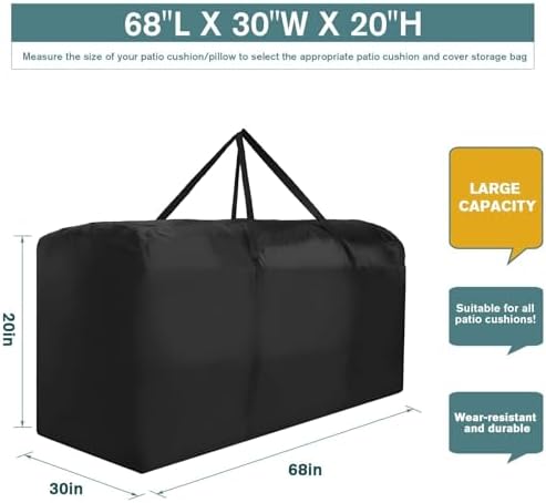 Patio Water-Resistant Extra Large Protective Zippered Outdoor Cushion Furniture Storage Bag with Handles, 68in L x 30in W x 20in H (1 Pack)