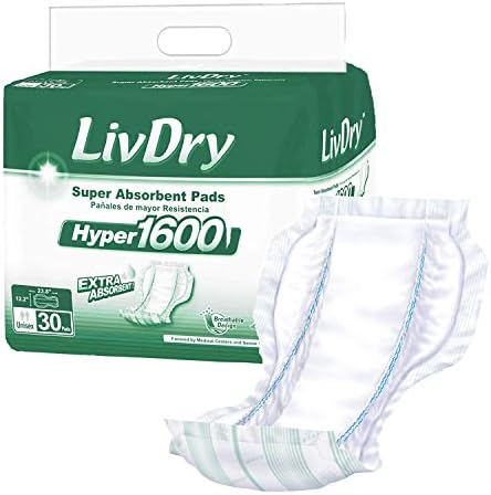 High Absorbency Pad Insert for Incontinence Briefs and Adult Diaper Booster, Women and Men, Hyper 1600 (30 Count)