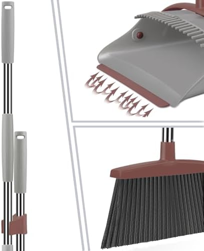 Broom with Dustpan Combo Set, 50.6 inch Long Handle, Upright Standing Broom and Dustpan Set Quiet Cleaning Tool Sweep the Floor Dust pan Removes 4 Times More Pet Hair(Brown and Gray)