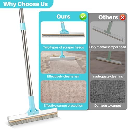 Carpet Rake for Pet Hair Removal, 63" Adjustable Long Handle Pet Hair Remover, Reusable Cat Dog Hair Carpet Rake with Metal and Silicone Scraper for Rug, Sofa, Cloth