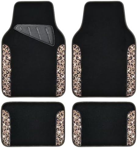 Bling Diamond Car Floor Mats, Shining Rhinestone Carpet Sparkly Glitter Crystal with Anti-Slip PVC Heel Pad Waterproof Universal Fit Automotive SUV,Sedan,Van,Cute Girl Women,4pcs Gold Leopard