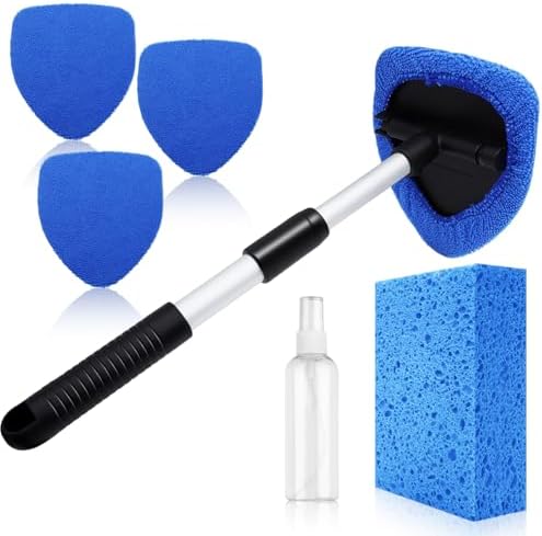 Windshield Cleaner Tool 22.5" L - Car Interior&Exterior Window Cleaning Kit with Extendable Handle&4 Microfiber Pads and Thick Large Wash Sponge, Auto Glass Wiper Brush Kit for Cars Home (7pcs Blue)