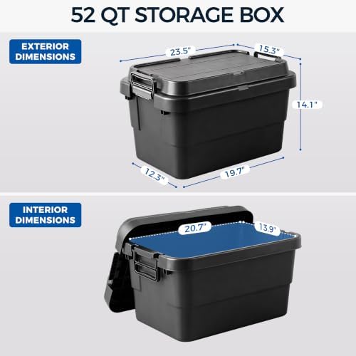 52 QT Storage Bins with Lids, Heavy Duty, Black, Stackable, 4-Pack