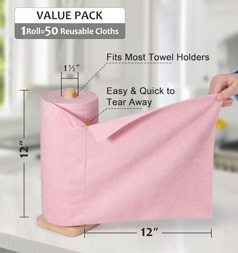 Microfiber Cleaning Cloth, Reusable Paper Towels Rolls, 50 Packs 12x12 inch Cleaning Rags for Washing Dishes, Kitchen, Bathroom, Car, Pink