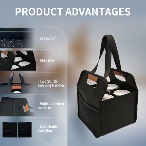 2 Pack Reusable 4 Cup Drink Carrier with Handle and Detachable Dividers, Portable Drink Carrier, Foldable Coffee Cup Holder for Hot & Cold Drinks (Black)