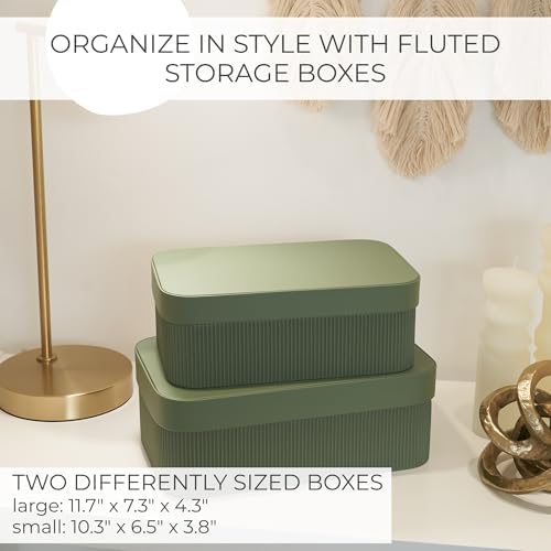Decorative Storage Boxes with Lids - Set of 2 Fluted Photo Organizer Bins