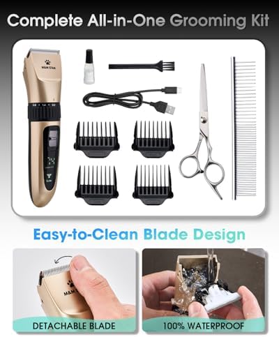 Dog Grooming Kit, Low Noise Dog Clippers, 2-Speed IPX7 Waterproof, Rechargeable Cordless Pet Hair Clippers Trimmer Shaver with LED Display for Dogs and Cats, Gold