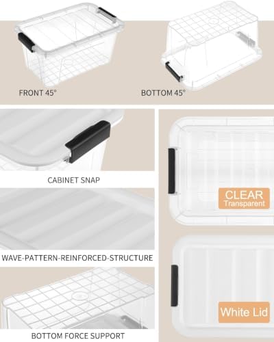 Plastic Storage Bins with Lids 6 Pack, 6.7 Quart Storage Containers With Black Buckle Latch, Stackable Storage Organizers for Home Pantry Office Classroom Organization, Clear